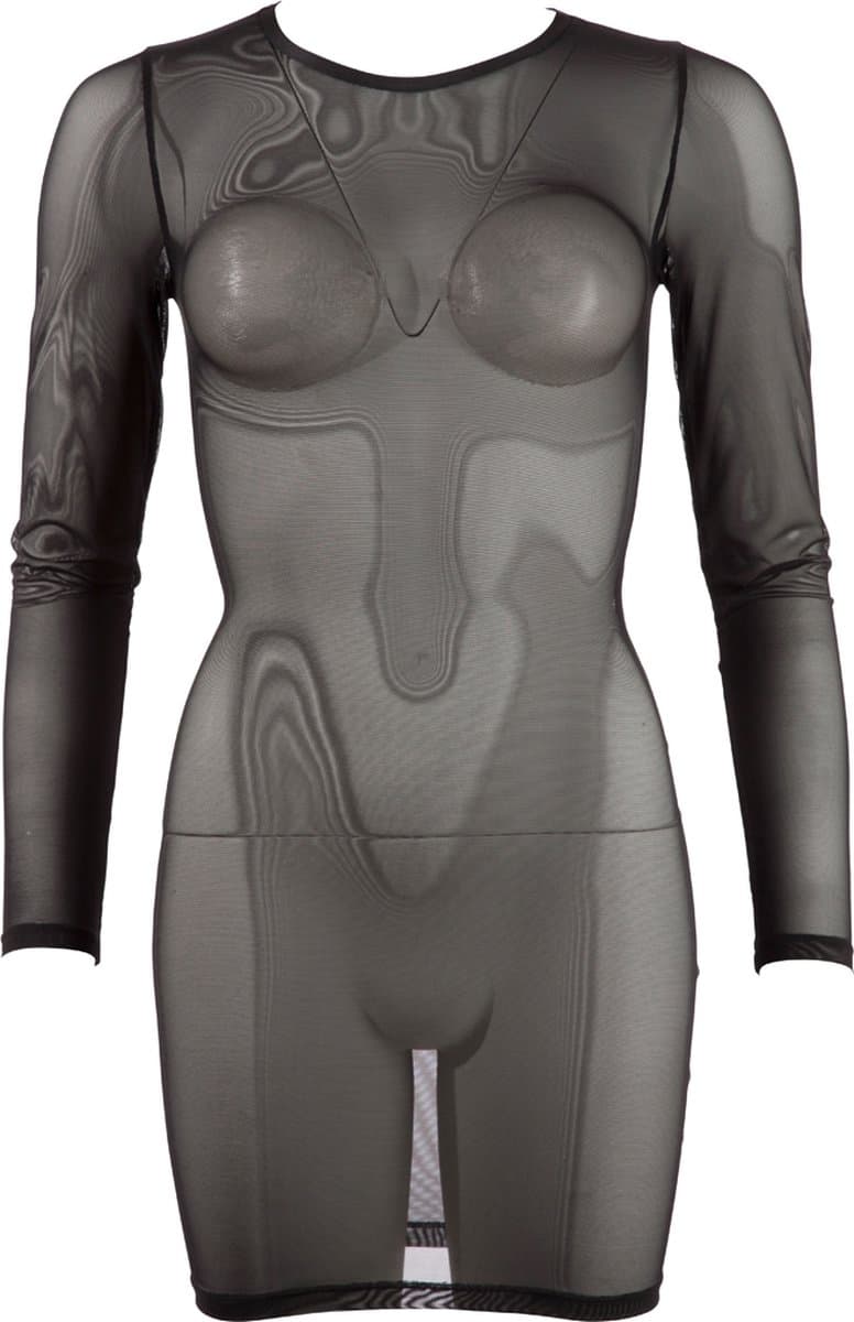 Cottelli Collection – Sexy Powernet Mini Jurk Doorschijnend met Lange Mouwen Uitzonderlijke Verleiding – Maat XL – Zwart — afbeelding 1