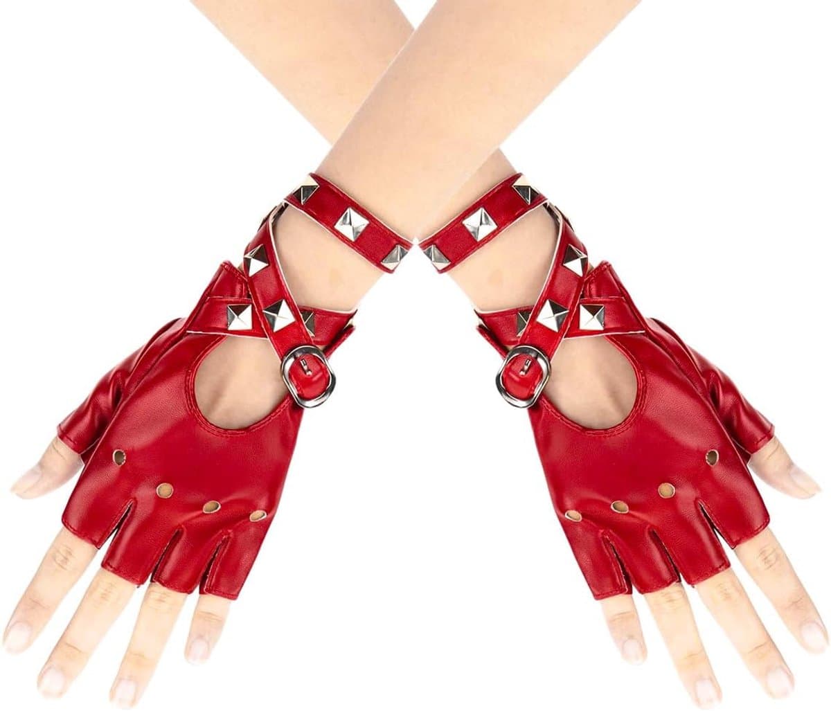 Handschoenen met klinknagels, halve vingers, vingerloos, rock, leren handschoenen voor dames en meisjes, voor dans, hiphop, optredens, paaldansen, cosplay en feesten, rood — afbeelding 1