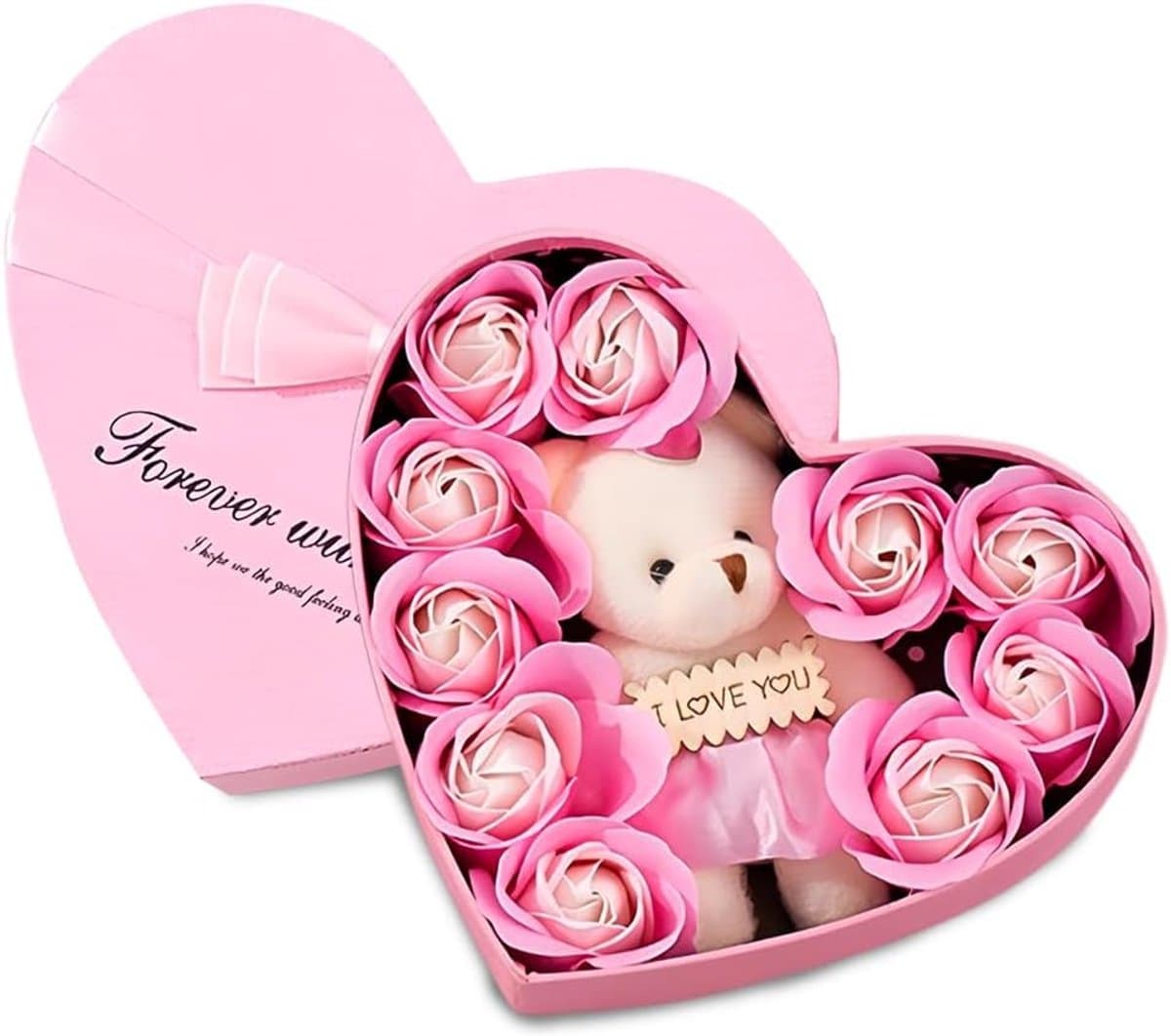 Rozen Geschenkdoos - Namaakbloemen Teddybeer - Romantisch Cadeau - Handgemaakt Onderhoudsvrij - Hartvorm - Roze — afbeelding 1