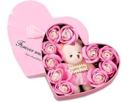 Rozen Geschenkdoos - Namaakbloemen Teddybeer - Romantisch Cadeau - Handgemaakt Onderhoudsvrij - Hartvorm - Roze
