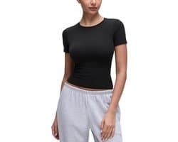 Getailleerd T-shirt met Hoge Ronde Hals voor Dames - Zachte Effen Basic Top