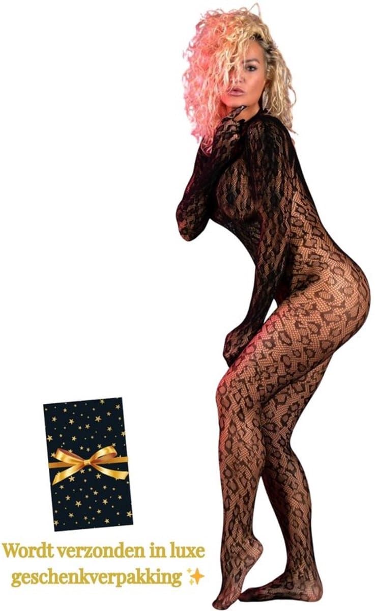 Sexy Lingerie – Erotische Catsuit – Lingerie Erotisch – Lingerie Sexy Setje – Luipaardpatroon & Kant – Open Rug – Dames lingerie – Erotische verleidelijke Bodystocking – Kinky – One Size — afbeelding 1