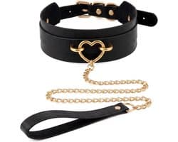 Halsketting met riem voor dames, choker met gouden hartvormige hanger en ketting van 86 cm, gothic punk accessoire van PU-leer en metaal, geschikt voor festivals en avonden
