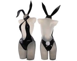 Sexy Bunny Pakje - 6 Delig Konijnen Kostuum Rollenspel - Cosplay & Roleplay - Anime - Latex-look - Body, Haarband, Handschoenen, Panty, Staart en Masker - Zwart - One Size