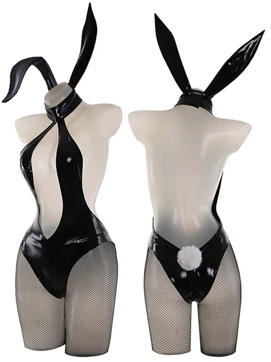 Sexy Bunny Pakje - 6 Delig Konijnen Kostuum Rollenspel - Cosplay & Roleplay - Anime - Latex-look - Body, Haarband, Handschoenen, Panty, Staart en Masker - Zwart - One Size — afbeelding 1