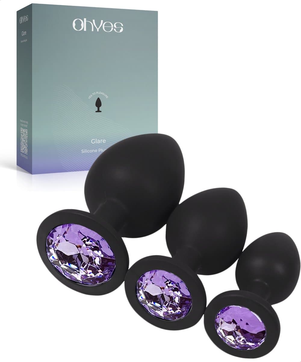 OHYES 3-Delige Siliconen Buttplug Set – Anal Butt Plug – Seks Toys voor Mannen & Vrouwen – Anale Seksspeeltjes - Buttplugs Anaal Speeltje met Diamanten - Lila — afbeelding 1