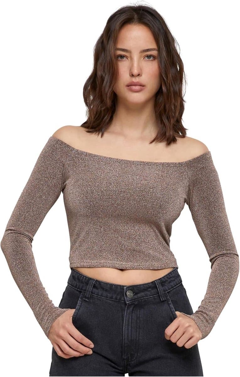 Dames Off Shoulder Glitter Longsleeve Shirt Bordeauxrood — afbeelding 1