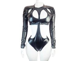 Jumpsuit - Maat L/XL - Sexy bodysuit catsuit pak met openingen Wetlook Zwart