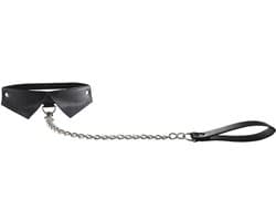Ouch! Exclusieve Lederen Halsband met Kraagje en Schakelriem met Lus – Zwart