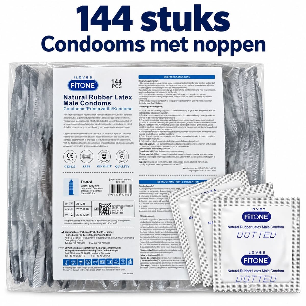 condooms 144 stuks – noppen condooms – grootverpakking condooms – condooms 52mm – condooms met glijmiddel – FITONE® — afbeelding 1