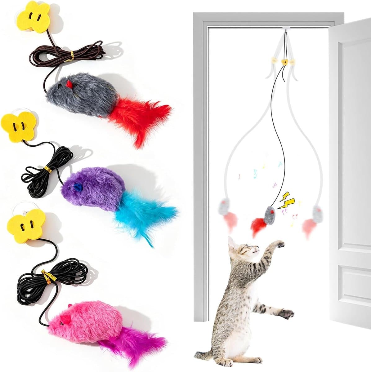Kattenspeelgoed, 3 stuks piepende muis, hangende deur, kattenspeelgoed met gevederde staart voor verveling, angst, leuk interactief deurframe, kittenspeelgoed voor binnen, oefening — afbeelding 1