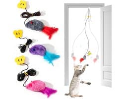 Kattenspeelgoed, 3 stuks piepende muis, hangende deur, kattenspeelgoed met gevederde staart voor verveling, angst, leuk interactief deurframe, kittenspeelgoed voor binnen, oefening