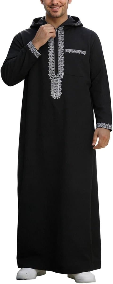 Thobe Kaftan voor heren, moslim, islamitisch gewaad met lange mouwen, Arabisch, Djellaba, Marokkaanse stijl, met capuchon, A9 — afbeelding 1