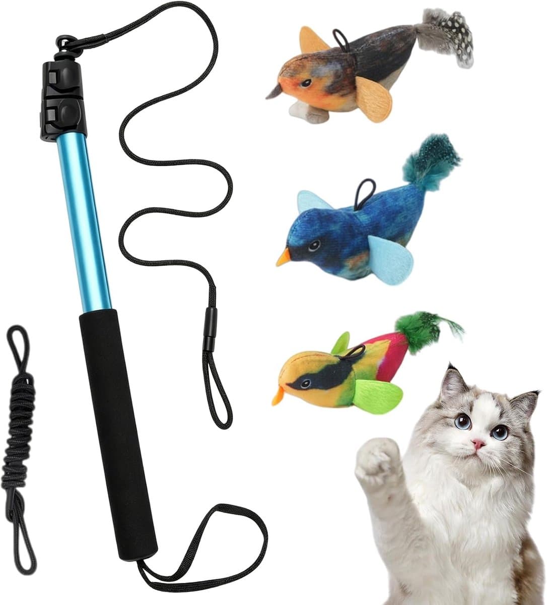 Stabiel, uittrekbaar, 41-102 cm, interactief kattenspeelgoed, hengelset met 3 kattenspeelgoed, vogel voor actieve katten, binnen en buiten, ultralicht kattenspeelgoed — afbeelding 1