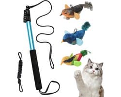 Stabiel, uittrekbaar, 41-102 cm, interactief kattenspeelgoed, hengelset met 3 kattenspeelgoed, vogel voor actieve katten, binnen en buiten, ultralicht kattenspeelgoed