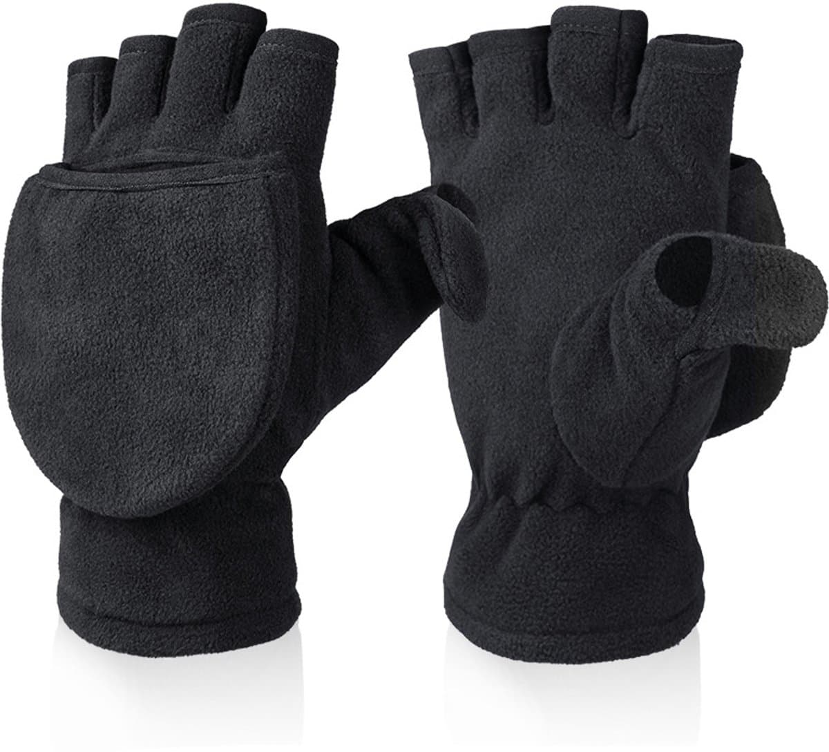 Winterhandschoenen - 1 paar warme winterhandschoenen - Vingerloze polar fleece handschoenen - Vingerloze warme handschoenen - Winddichte flip-top handschoenen voor heren en dames - Zwart -L — afbeelding 1