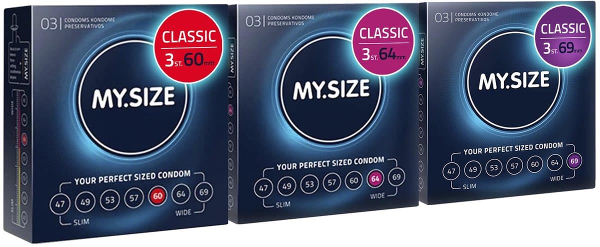 MY.SIZE Classic condooms 3-delig proefverpakking I 60, 64, 69 mm breed I 3x3 stuks premium condooms extra dun I condooms true to touch gossamer I dunne 0,07 mm wanddikte I condooms veganistisch — afbeelding 1