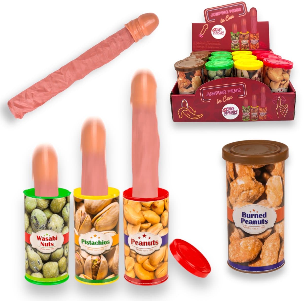 Fop Cadeau Spring Penis In Blik - Jumping Penis in Can – Display 12 Stuks - Verrassende Gag Gift! — afbeelding 1