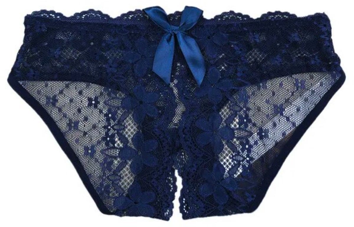 Sexy Slip met Kant - Open Kruis - Blauw Kant - Erotisch Design met Bloemen en Strik - One Size String - Dames Onderbroek - Lingerie / Ondergoed — afbeelding 1