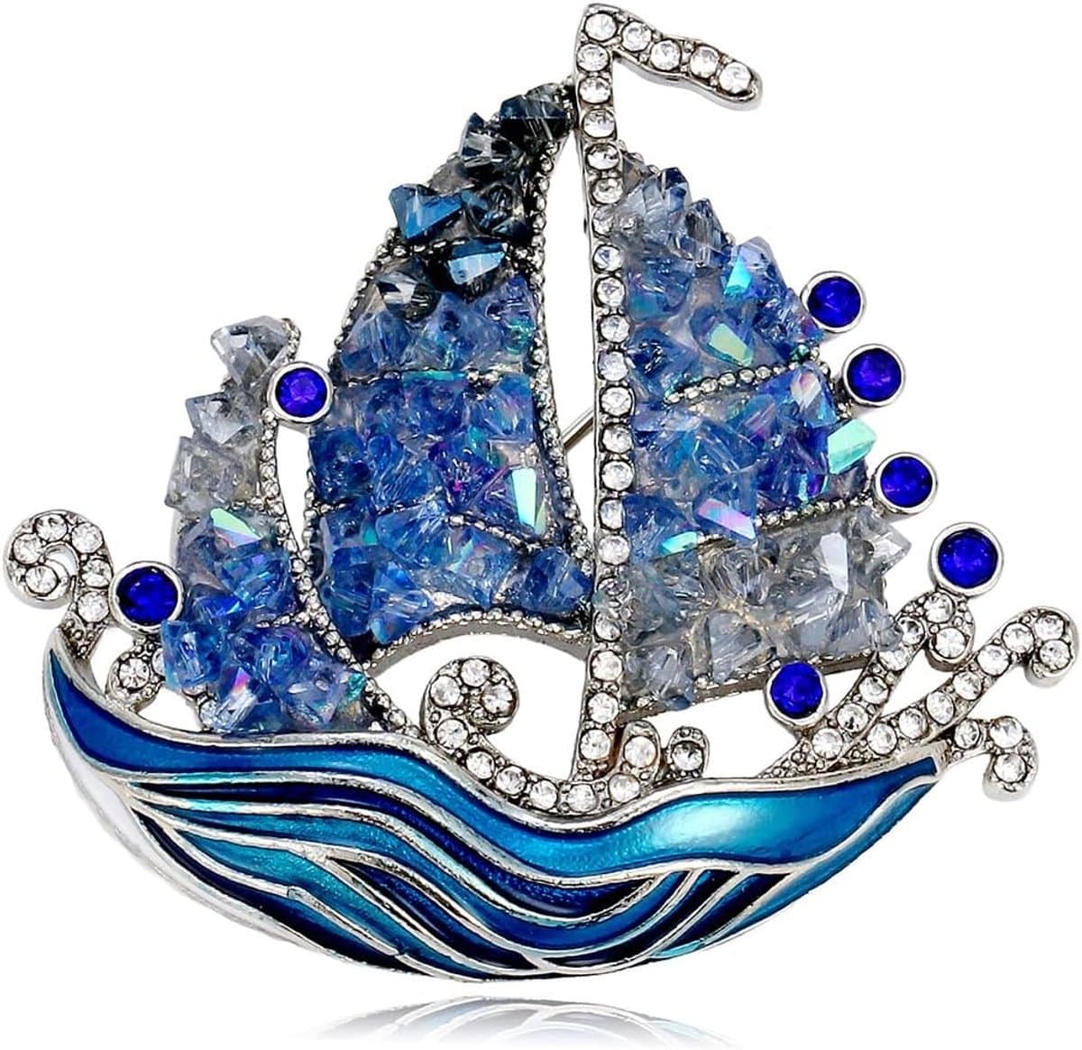 Zeilboot Broche Blauwe Emaille Golven Kristallen Speld voor Vrouwen Opvallend Hangertjes Cadeaus Pakken Truien Nautische Accessoires — afbeelding 1