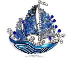 Zeilboot Broche Blauwe Emaille Golven Kristallen Speld voor Vrouwen Opvallend Hangertjes Cadeaus Pakken Truien Nautische Accessoires