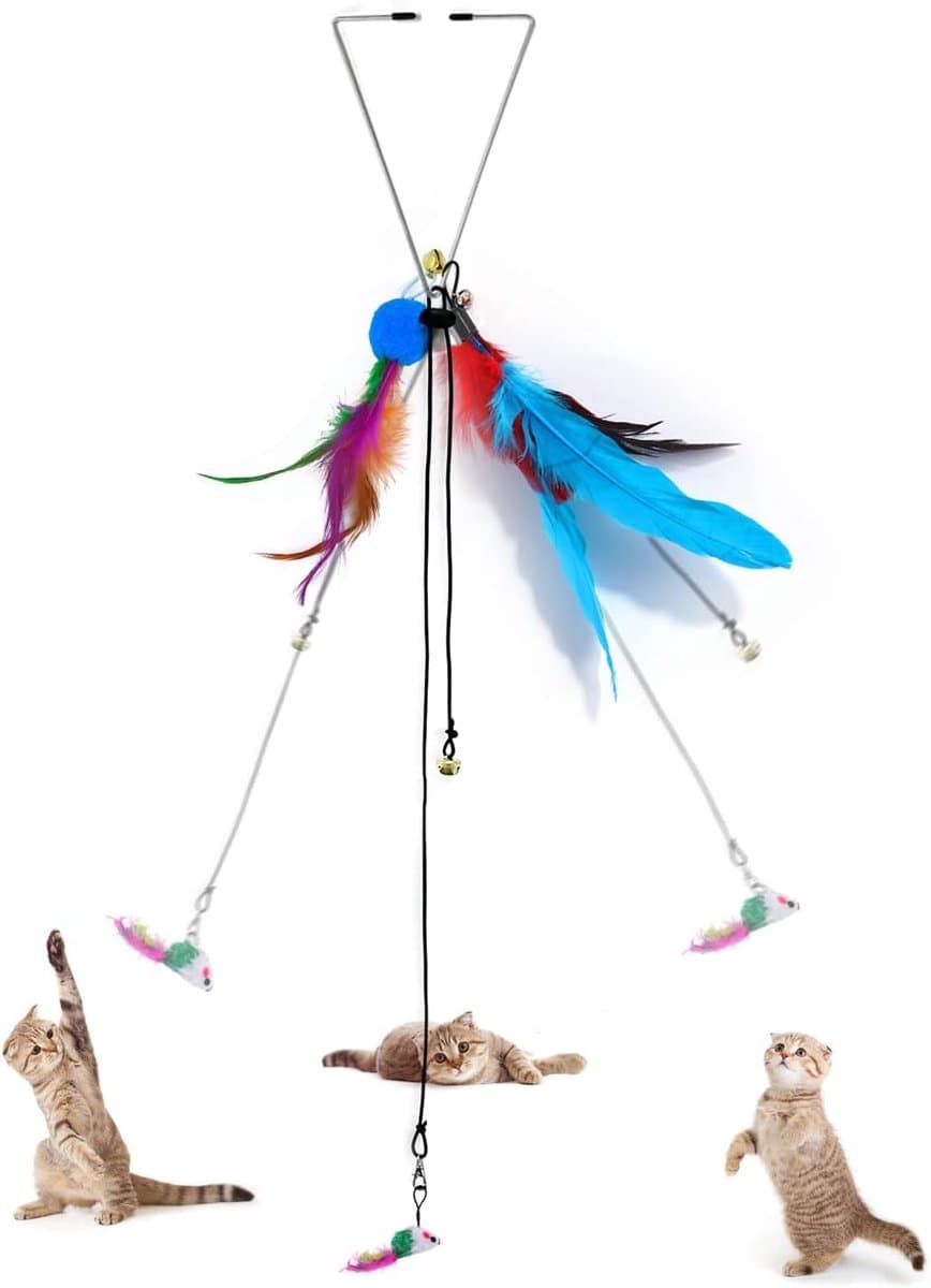 3 stuks hangende kattenspeelgoedset, stuiterend muisveren speelgoed met bel, grappig kattenspeelgoed voor huisdieren — afbeelding 1