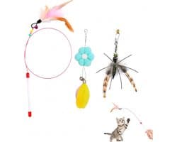 1 kattenhengel + 2 reservekoppen – insectennep en bloem met veren, natuurlijke veren met belletjes, wekt het jachtinstinct, ideaal voor interactief spel en beweging met je kat