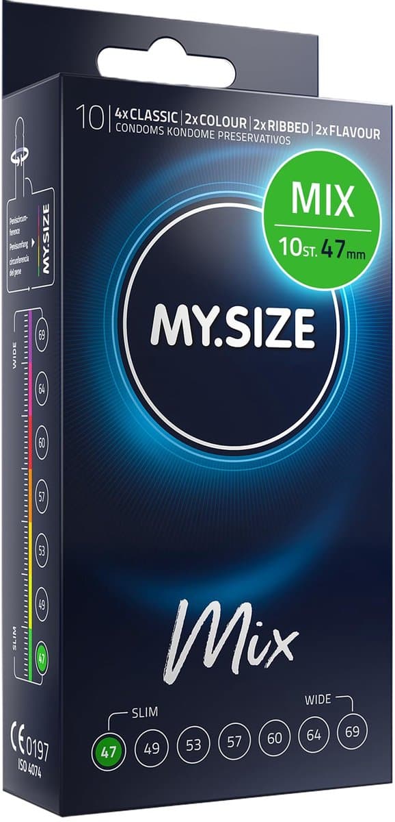 MY.SIZE Mix SET Maat 5, 60 mm: 10 Classic + 10 Condooms in 4 spannende soorten, met aroma, Kleur, Geribbeld & Classic — afbeelding 1