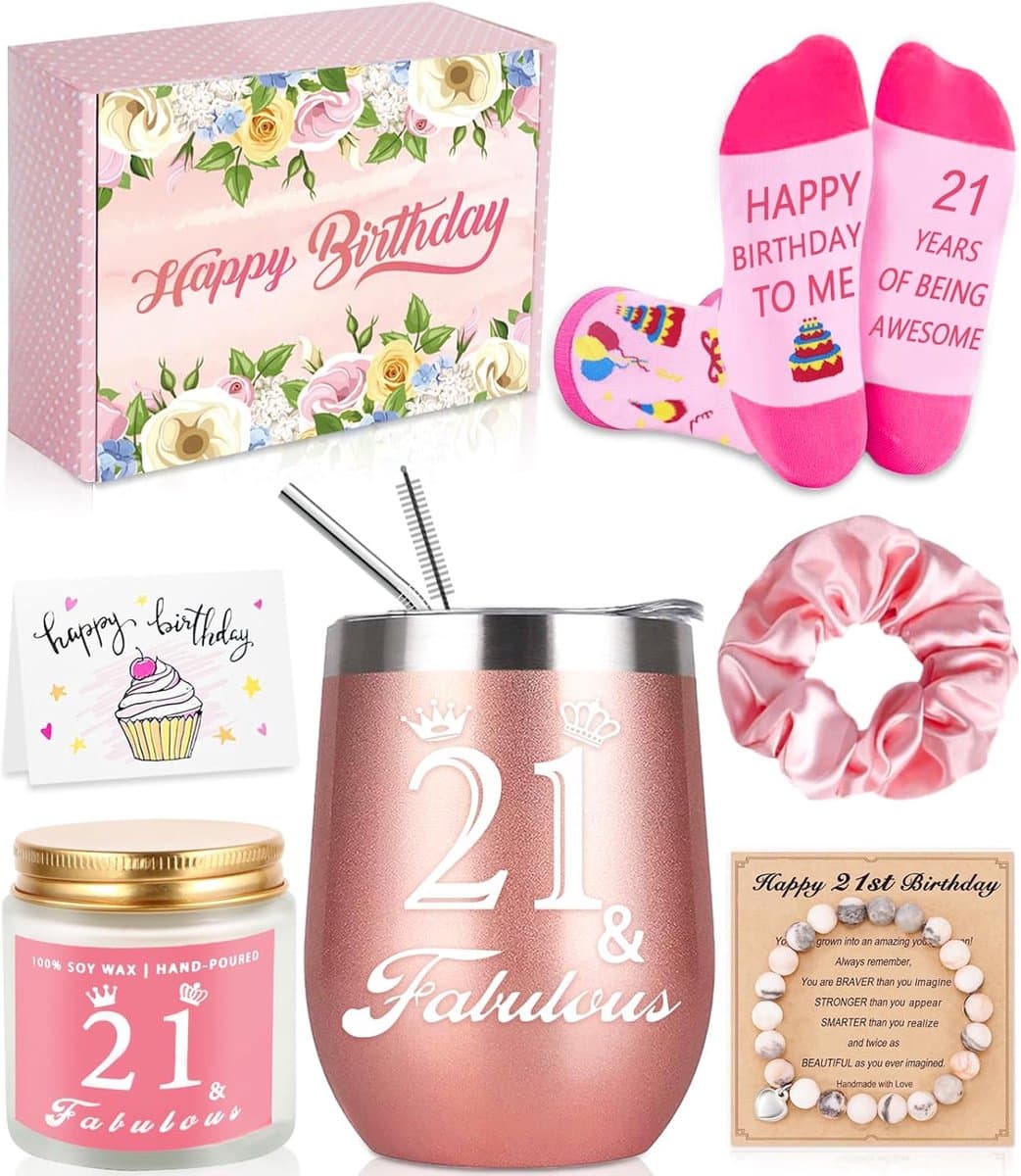 Verjaardagscadeau Set - Geschenkdoos Vrouw - 21e Verjaardag Vieren - Compleet Samengesteld - 7 Delig - Rosé — afbeelding 1