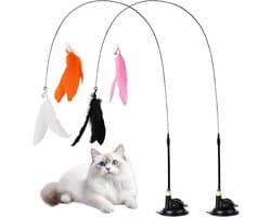 verpakking met 2 hengels voor katten met zuignappen, 4 veren en klokken, natuurlijk interactief speelgoed voor katten, hengels voor beweegbare en speelende kittens