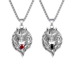 2Pcs Wolf Head Pendant Necklace Wolf Pendant Necklace Skirt Gothic Punk Hip Hop Necklaces for Men Women - Red Black