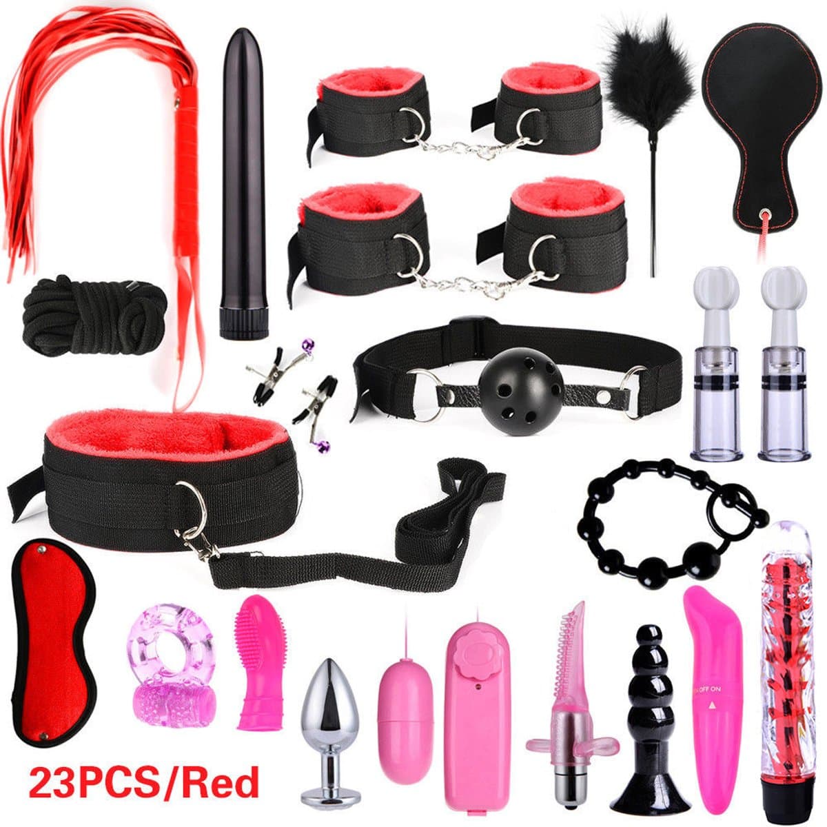 Daity BDSM Bondage Set – 23 Delig – Luxe Koppel Set met Handboeien, Blinddoek, Vibrator & Accessoires – Verstelbaar & Comfortabel – Voor Koppels & Rollenspel – Rood — afbeelding 1