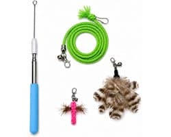 Kattenhengelset met roestvrijstalen telescoopstang en 3 hangers, flexibele kattenhengel met veer, insectenspeelgoed en katoenen touw, interactief kattenspeelgoed voor huiskatten