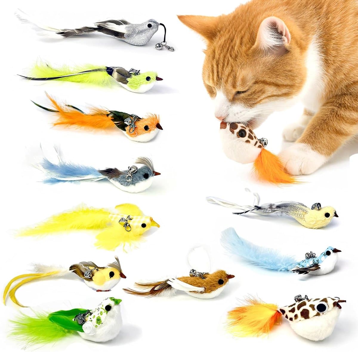 11 stuks realistische vogel katten speelgoed vervangingskoppen – handgemaakte katten speeltjes van echte veren met belletjes, interactieve kattenaccessoires voor binnenkatten en huisdecoratie — afbeelding 1