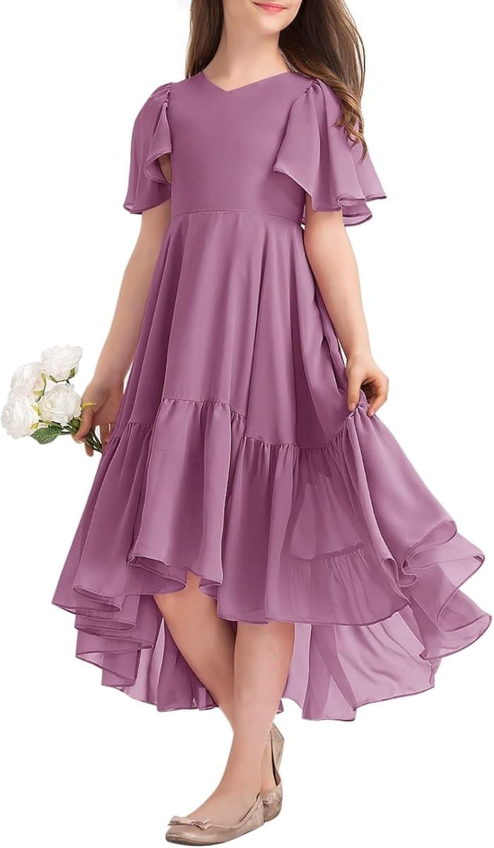 Zomerjurk voor meisjes met V-hals en ruches - Elegante A-lijn casual partyjurk — afbeelding 1