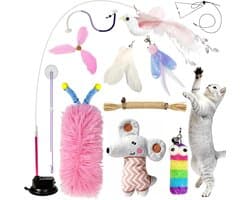 7-in-1 interactief kattenspeelgoed, zelfbezigheid, kattenhengel met wasbare zuignap, hangend kattenspeelgoed, kattenkruidstok en kauwtouw, kauwspeelgoed, veer roze