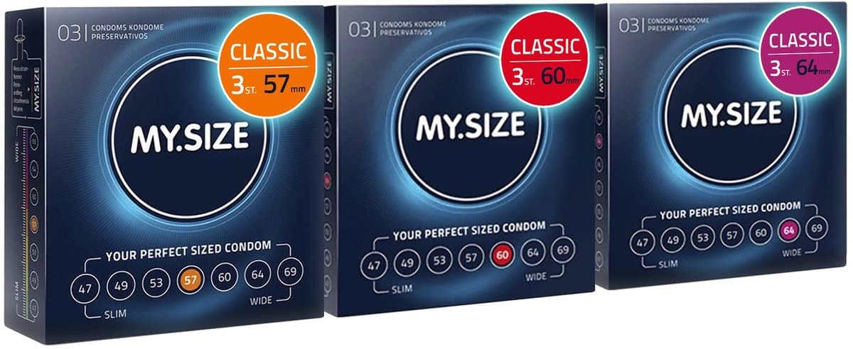 MY.SIZE Classic Premium Condooms proefpakket van 3 I Breedtes van 57, 60, 64mm I 3x3 stuks extra dun I realistisch gevoel ultra zacht I dunne wanddikte van 0,07mm I veganistisch — afbeelding 1