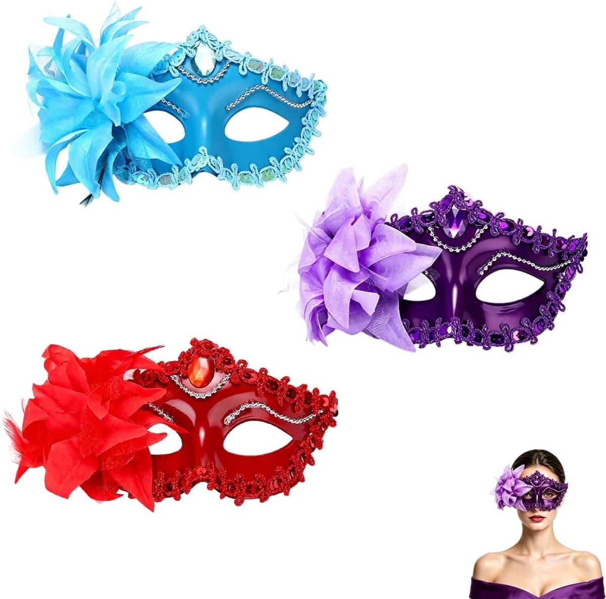 Set van 3 Venetiaanse maskers - halve gezichtsmaskers - blauw paars rood met bloemen en kant - ShopVlot — afbeelding 1