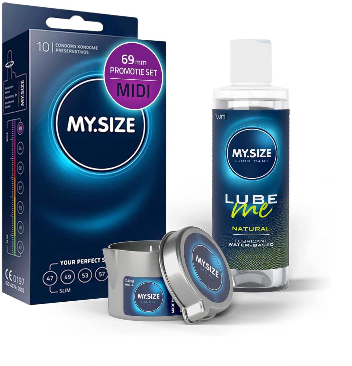 Voordeelverpakking MY.SIZE-condooms 69 mm, pak van 10 + MY.SIZE natuurlijk glijmiddel 100 ml + MY.SIZE-massagekaars — afbeelding 1