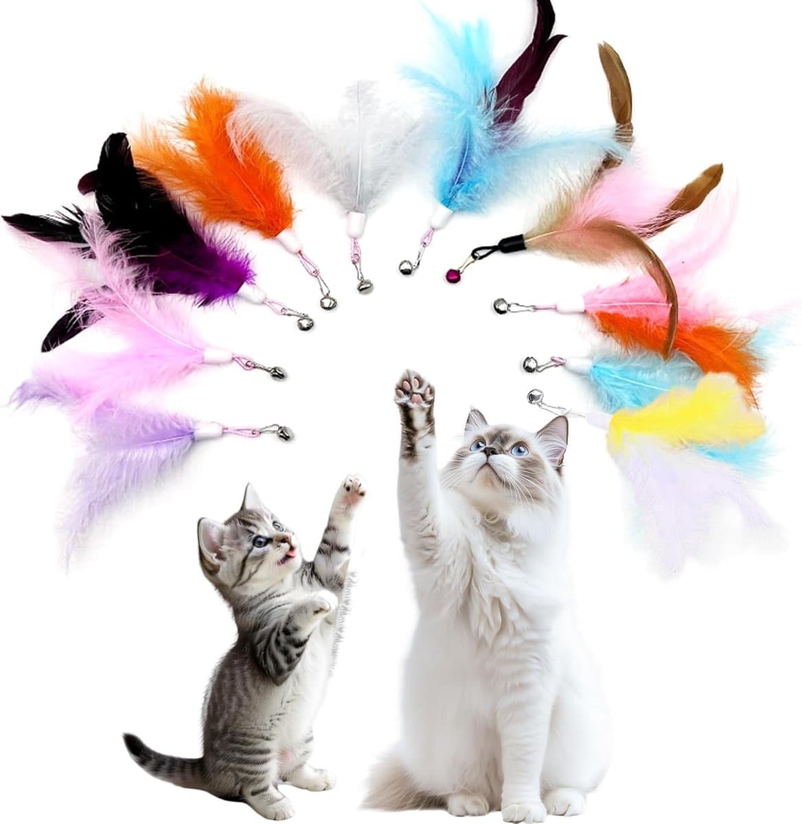 10 stuks kattenhengelreserveren, kattenveerspeelgoed van natuurlijke veren, veer kattenhengelhanger voor interactief spel, beweging en binding, voor kittens, volwassen en oudere katten — afbeelding 1