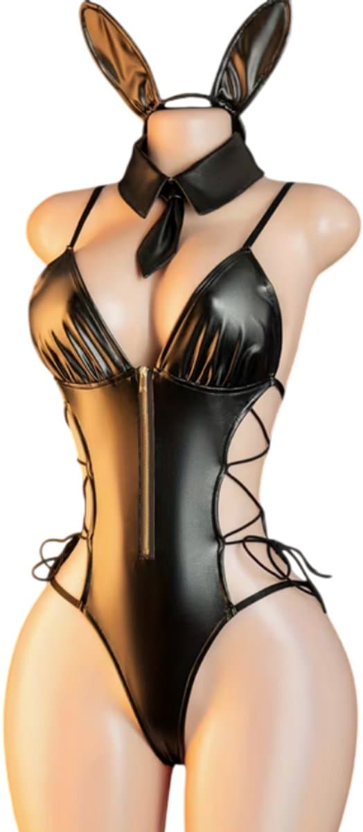 Sexy Bunny Bodysuit Set met Open Achterkant | Bunny Oren, Strik & Kraag | Maat M - Roleplay — afbeelding 1