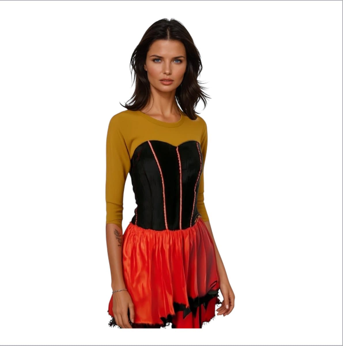 Sexy Spaanse Flamingo Verkleedjurk Met Hot Korset achtig Topje – Rood & Zwart – Strapless Carnaval Kostuum – Complete Outfit voor Feest & Rollenspel – Maat Medium — afbeelding 1