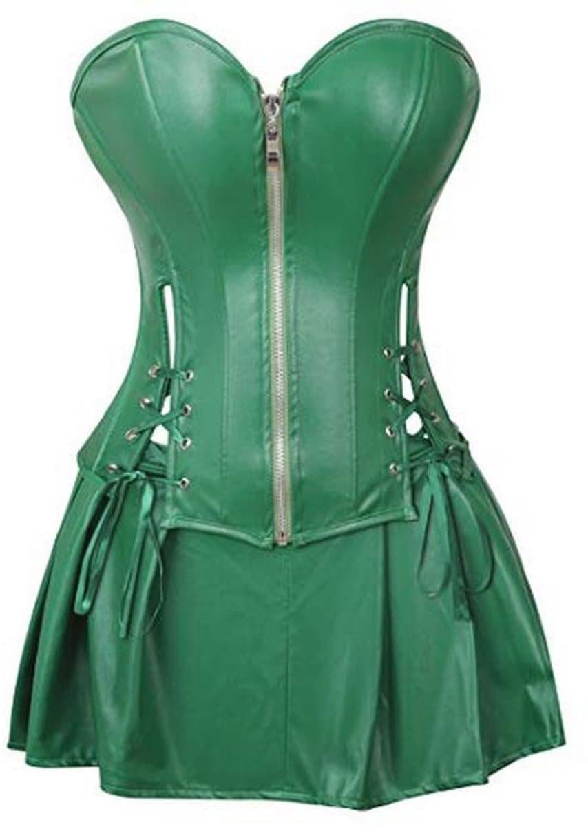 Gothic Bustier Korset van Kunstleer met Rits en Rok in Groen - 2XL — afbeelding 1