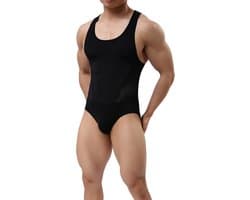 Heren Strakke Ondergoed Jumpsuit Vest Bodysuit Zwart