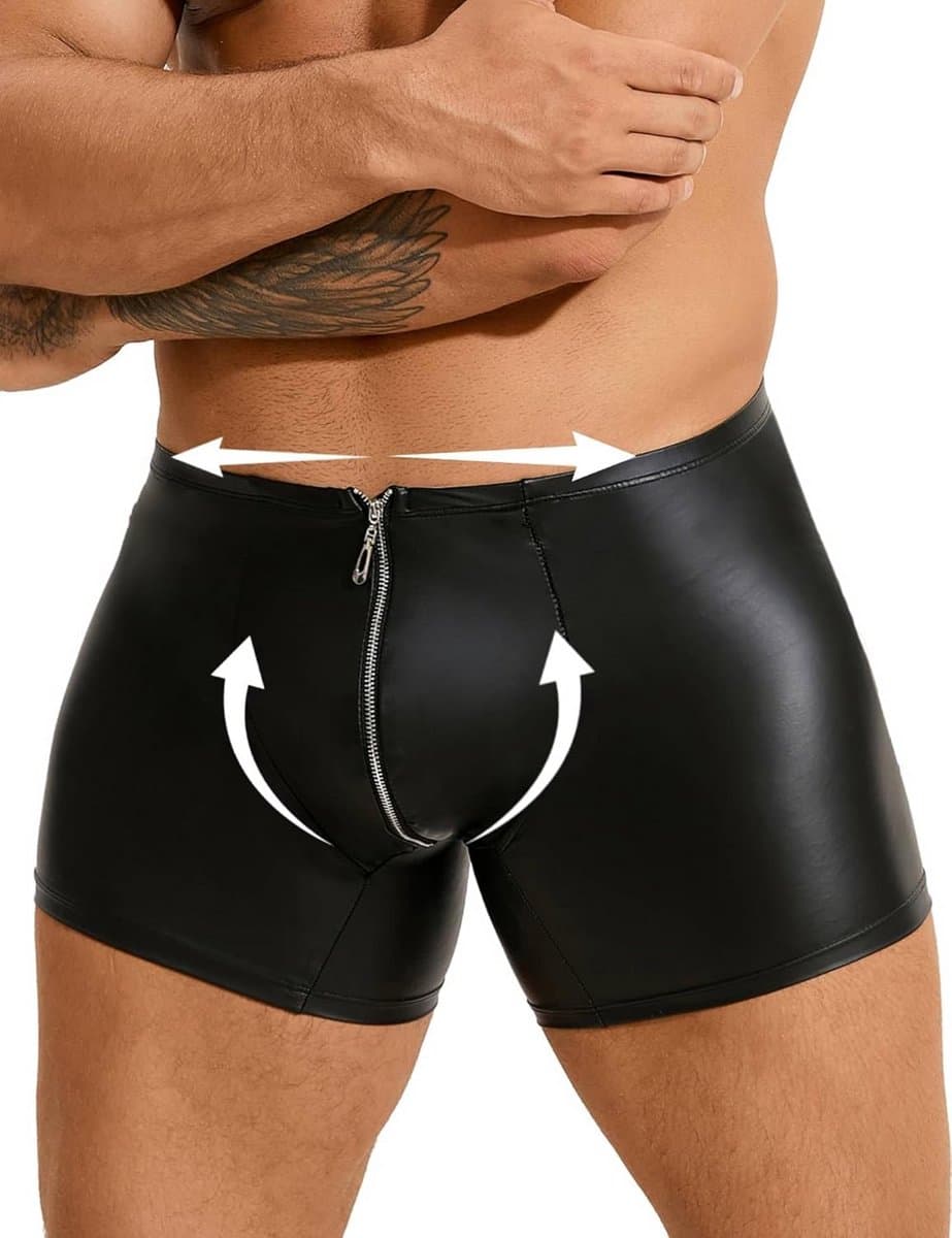 Grote Maat Heren Boxershorts van PU Leer met Open Ritssluiting - Sexy Ondergoed — afbeelding 1