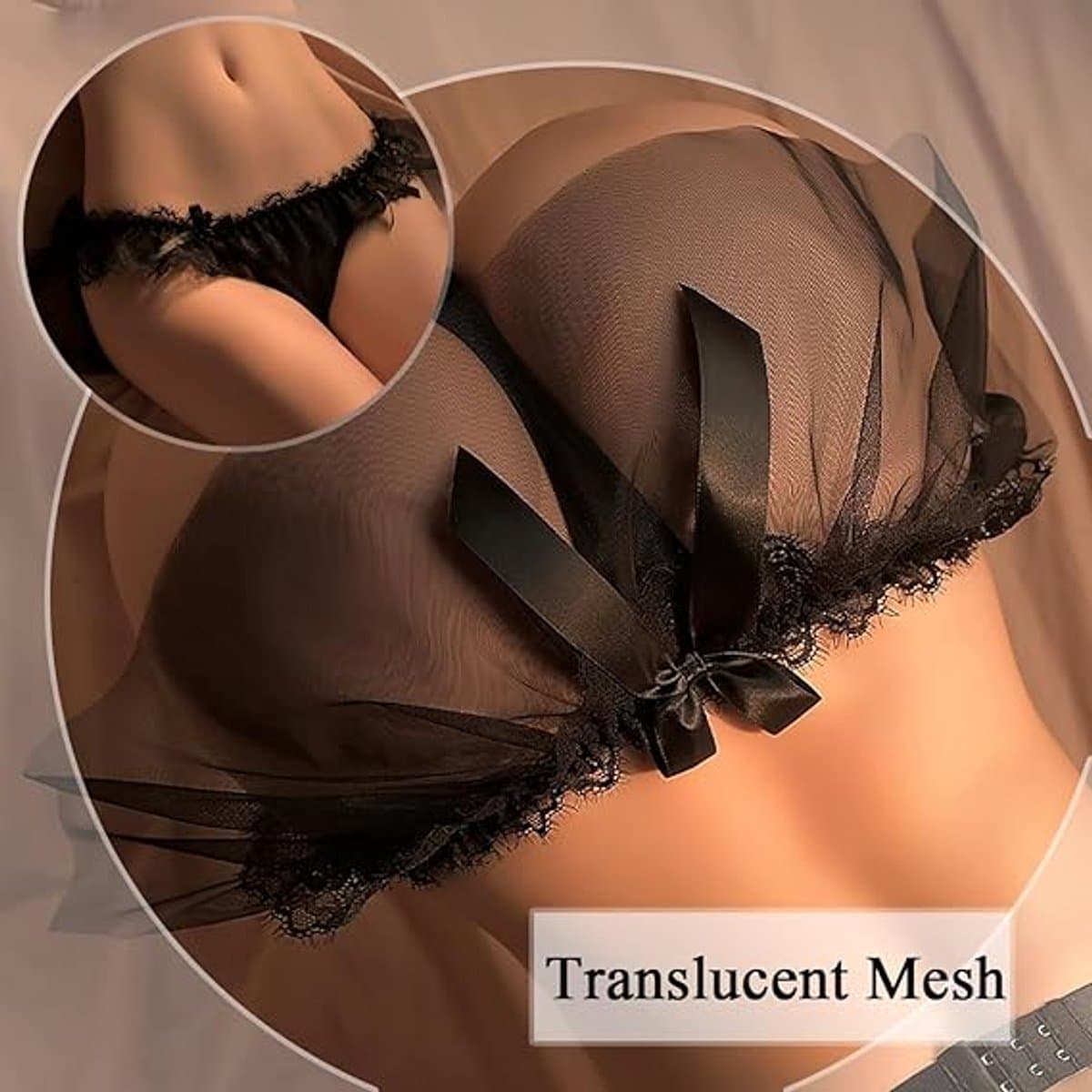 Dames string in rokstijl, sexy lingerie, slipje, mesh, tule, minirok, string, kant, laag uitgesneden ondergoed, transparante ruche, slipje (zwart) — afbeelding 1