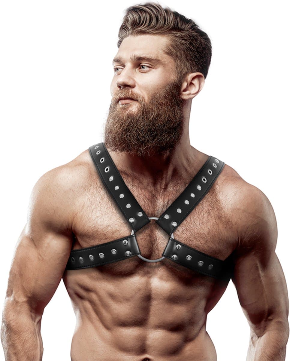 FETISH SUBMISSIVE ATTITUDE - MEN'S CROSS-OVER ECO-LEATHER CHEST HARNESS WITH STUDS | BONDAGE | BDSM | FETISH ACCESSORIES | CHEST HARNESS — afbeelding 1