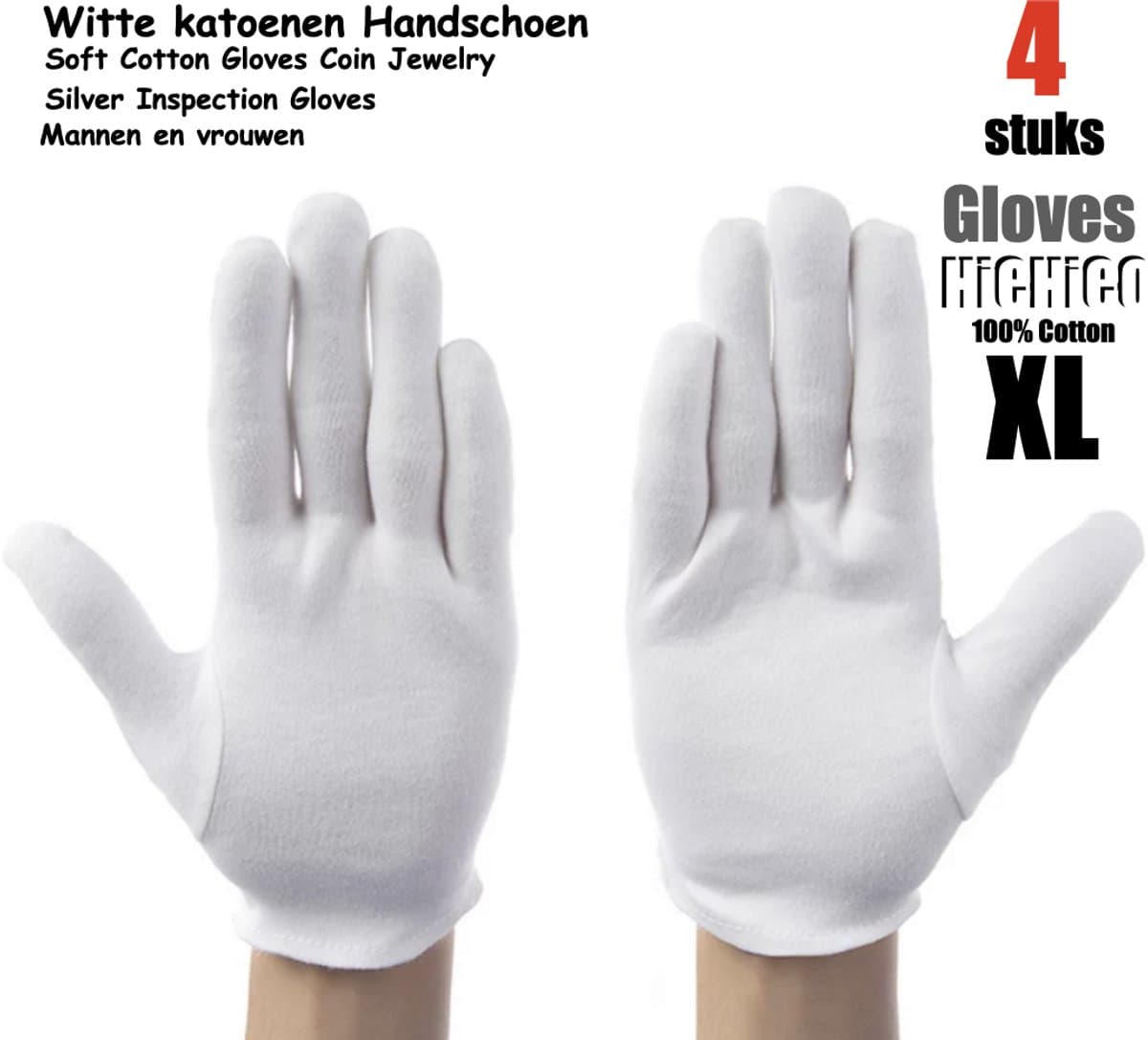 Katoenen handschoenen wit XL 4stuks – 2 paar Beschermende Handschoenen - Gezondheidszorg - Ziekenhuis - Beauty Center, Kapper en Salon Spa Tattoo – Jewelry - eczeem / allergie / handcreme - juweliers / munt handschoen — afbeelding 1