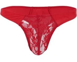 Heren Thong Sissy Lingerie - Elastische Sexy Lace Underwear Jockstrap Bikini G-String Panty Rode Transparante Gay Briefs voor Avondje Uit of Lingerie Nacht