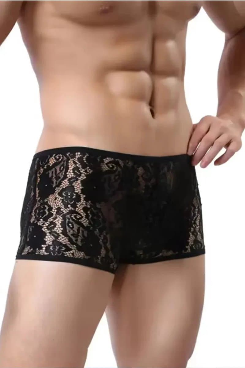 Zwarte Transparante Kanten Boxershort voor Heren in Maten XS S M L XL Comfortabele Herenondergoed met Elegant Kantwerk — afbeelding 1